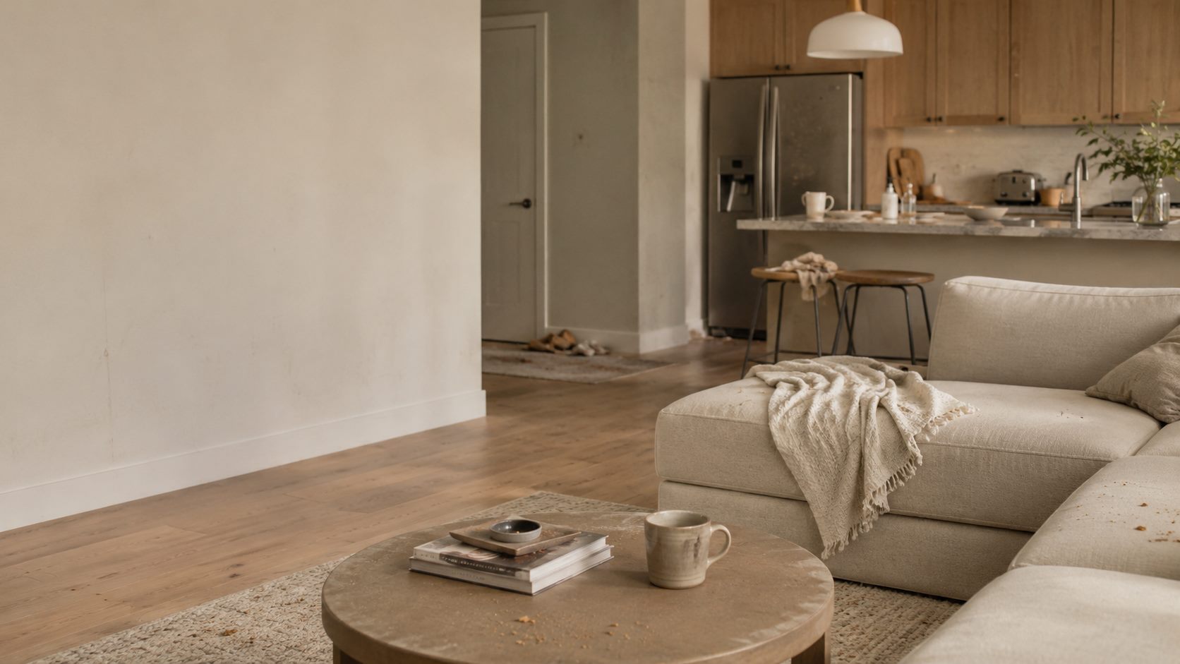 Cozy living room with a sectional sofa and coffee table, open to a bright kitchen